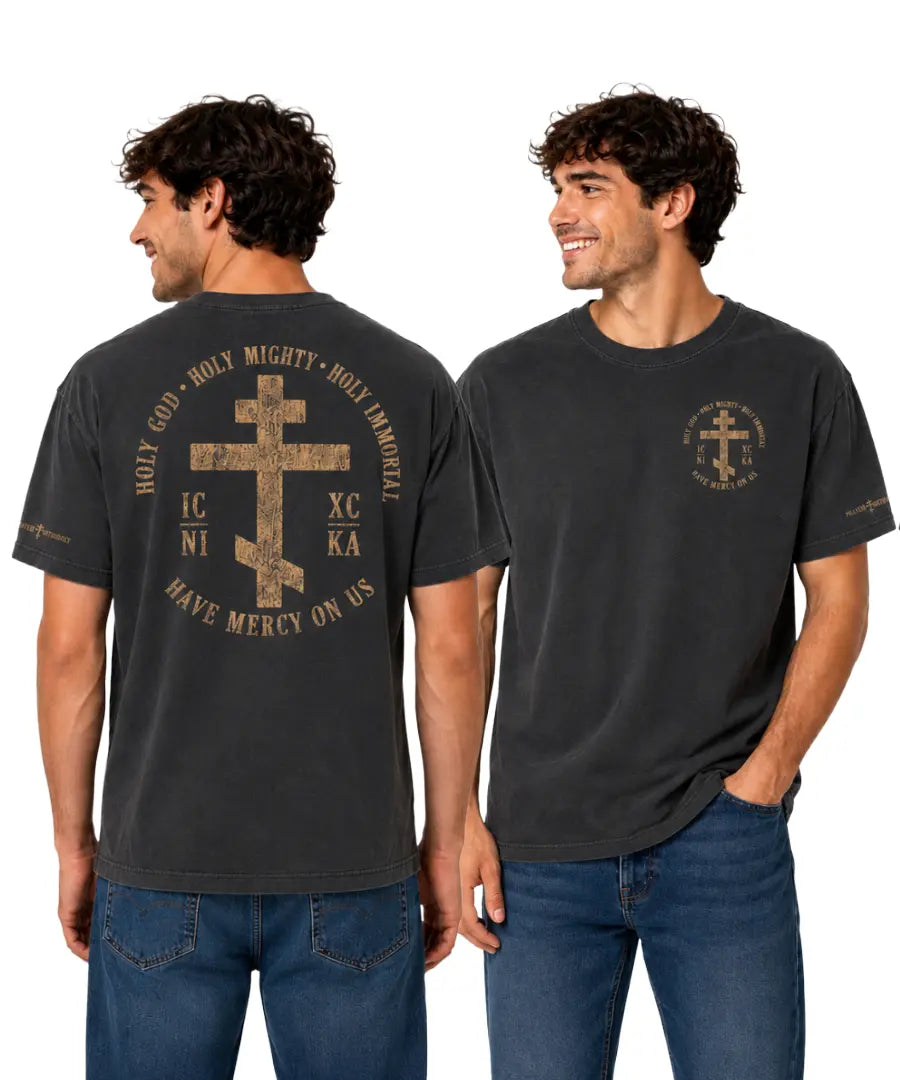 Trisagion Cross T-Shirt Heavyweight Garment Dye Prayer Orthodoxy