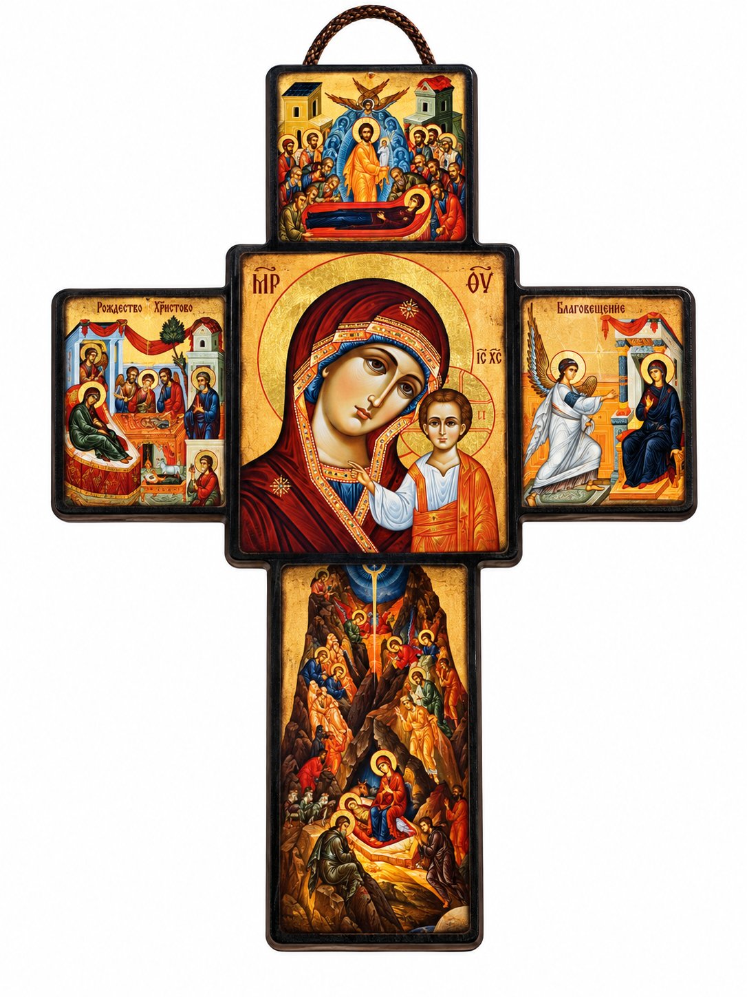 Orthodox Wooden Wall Cross Icon – Theotokos & Christ