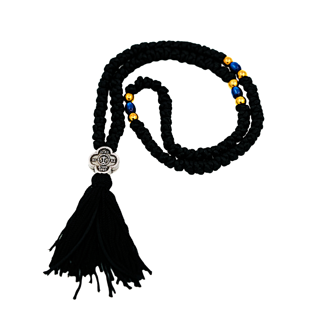 Mount Athos 100-Knot Prayer Rope with Metal Cross- Black w/ Tassel