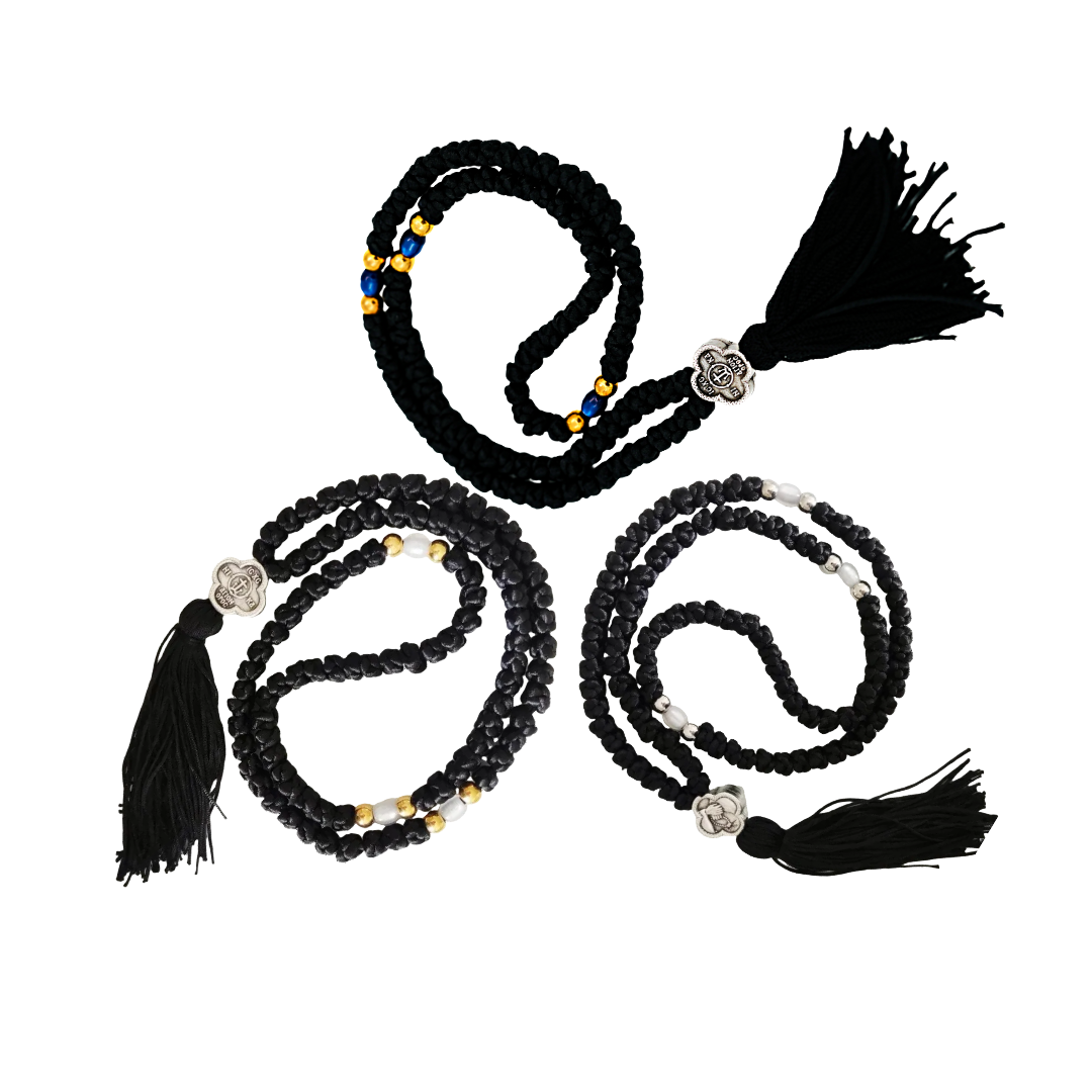 Mount Athos 100-Knot Prayer Rope with Metal Cross- Black w/ Tassel