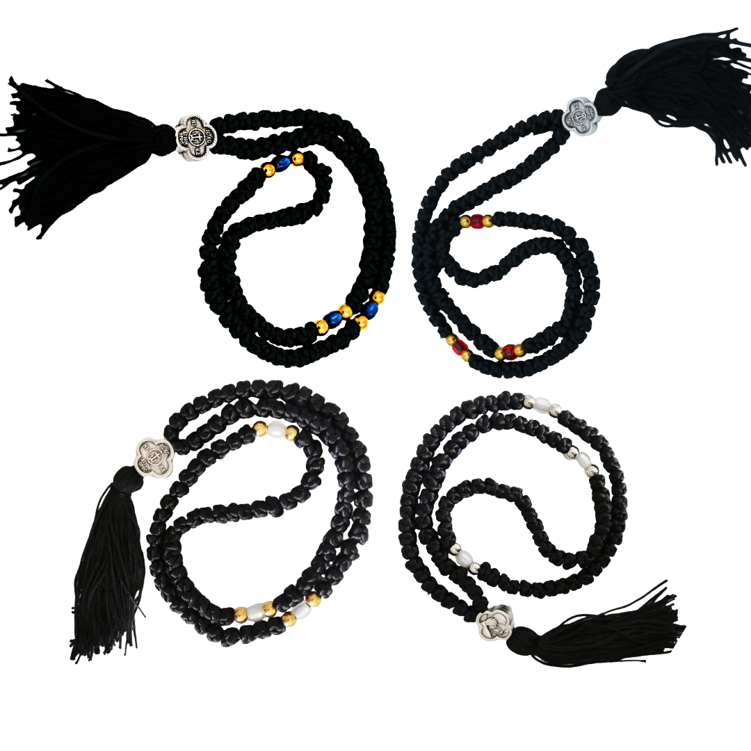 Mount Athos 100-Knot Prayer Rope with Metal Cross- Black w/ Tassel