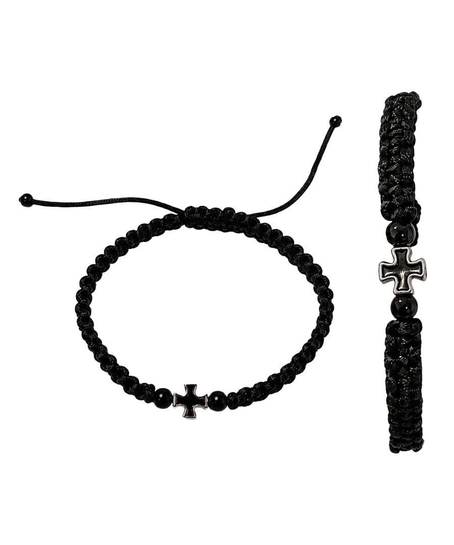 Black Woven Bracelet w/ Sterling Silver Cross | Handmade in Albania