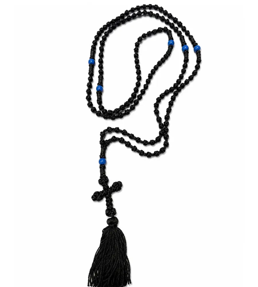150 Knot Prayer Rope with Tassel & Blue Beads – Handmade in Albania Prayer Orthodoxy