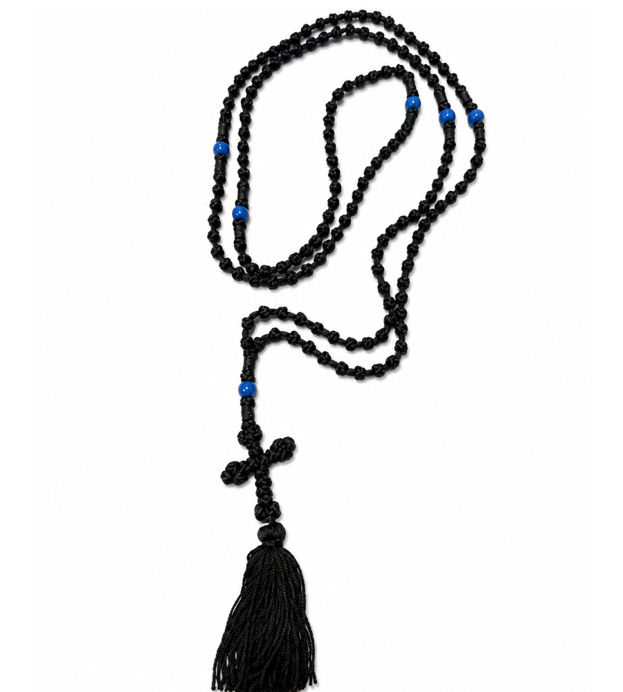 150 Knot Prayer Rope with Tassel & Blue Beads – Handmade in Albania