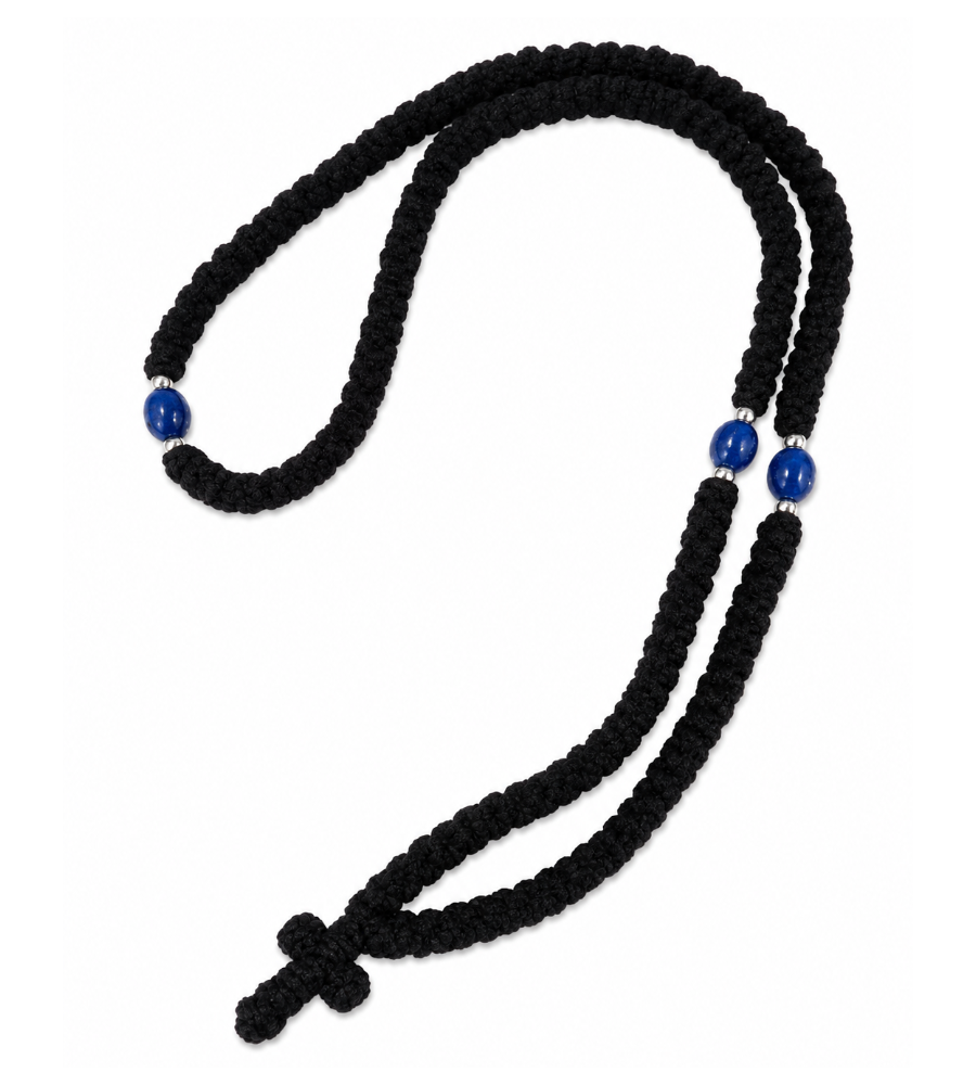 150 Knot Wool Prayer Rope with Blue Beads - Handmade in Albania