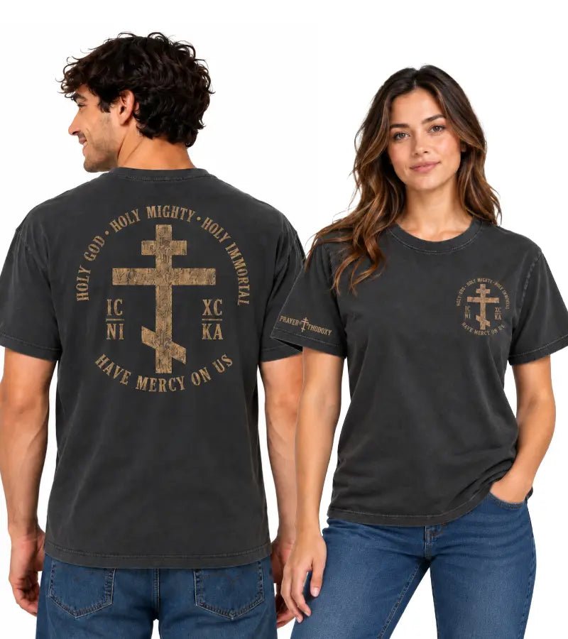 Trisagion Cross T-Shirt Heavyweight Garment Dye Prayer Orthodoxy