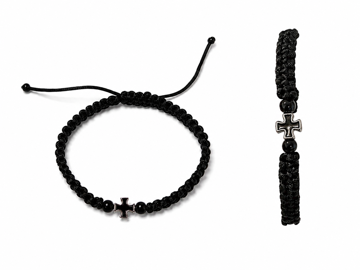 Black Woven Bracelet w/ Sterling Silver Cross| Handmade in Albania