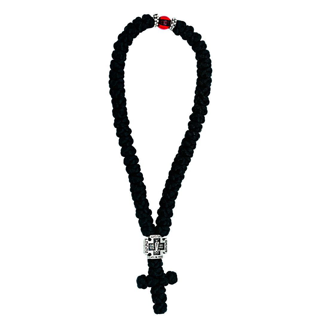 Mount Athos 50-Knot Prayer Rope with Sterling Silver Cross- Black & Red